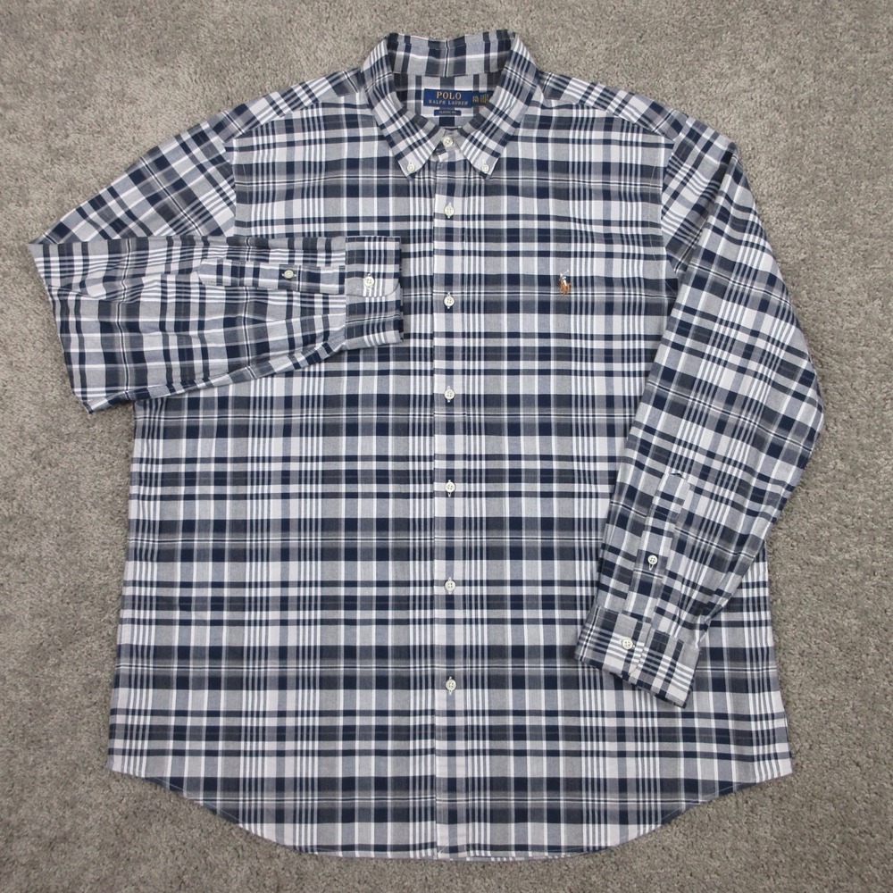 Polo Ralph Lauren Shirt Mens 2XL Blue Gray Plaid Oxford Cloth Pony Button Up EUC